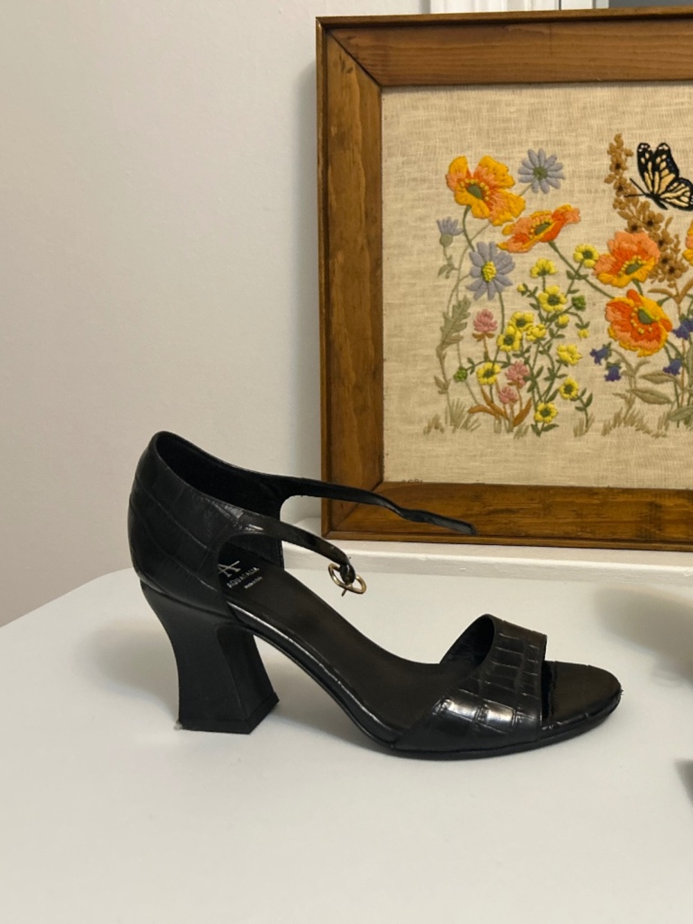 Aquatalia Calley Croc Embossed Black Leather Heels